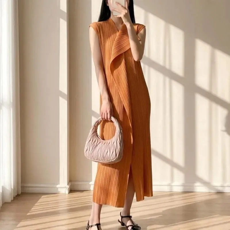 Miyake Pleated Dresses 2026 Summer New Sleeveless V-Neck Irregular Elastic Draped V-Neck Vest Elegant Women's Temperament Dress — image 1