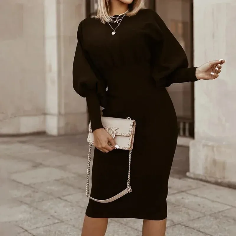 Mulheres elegantes escritório lanterna manga vestidos de festa senhoras o pescoço bodycon vestido outono inverno sólido midi vestido 2024 — image 5