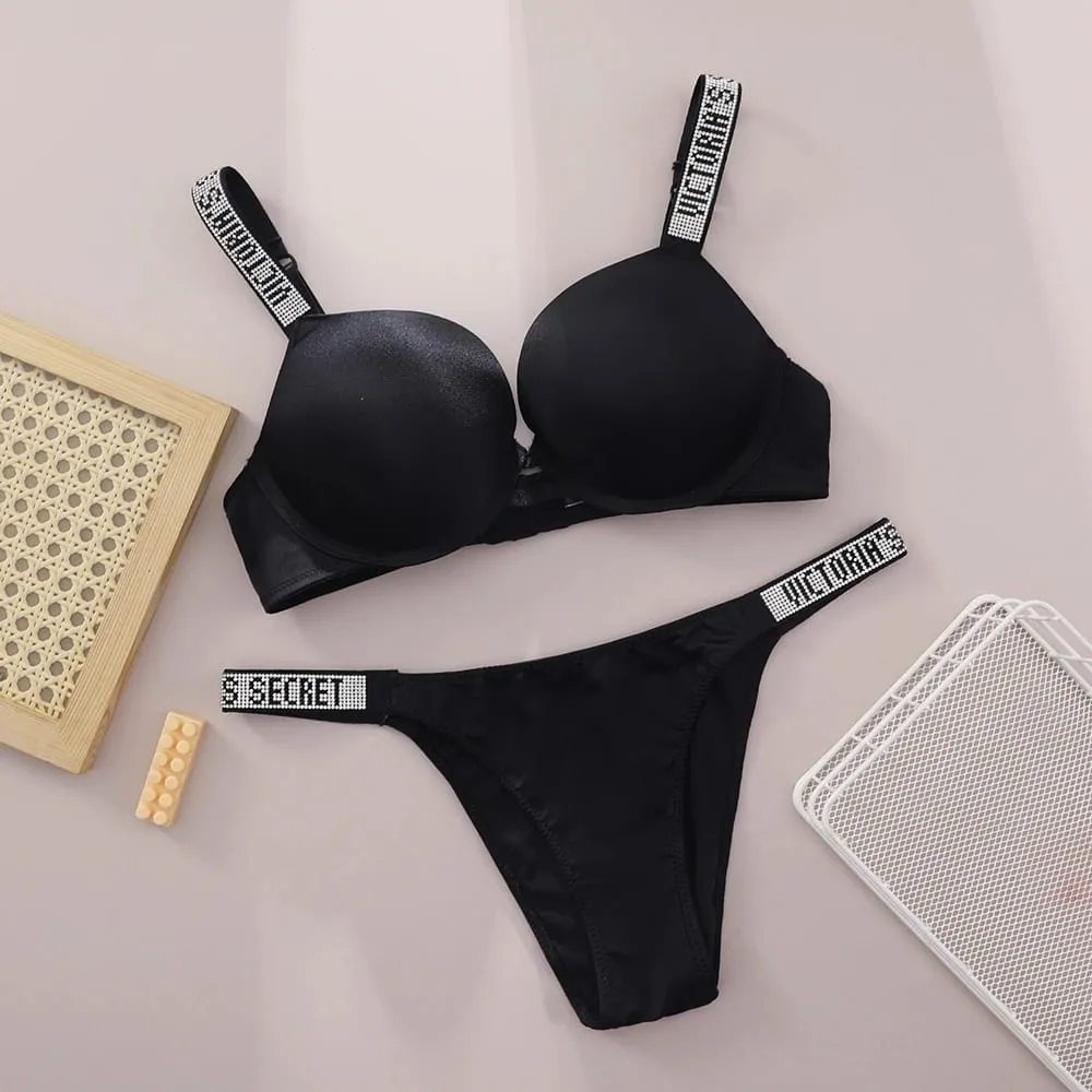 Victoria Secret Hot Sexy Lingerie Set Very Sexy Logo Shine Strap Push Up Bra With Shine Script Thong Panty — image 4