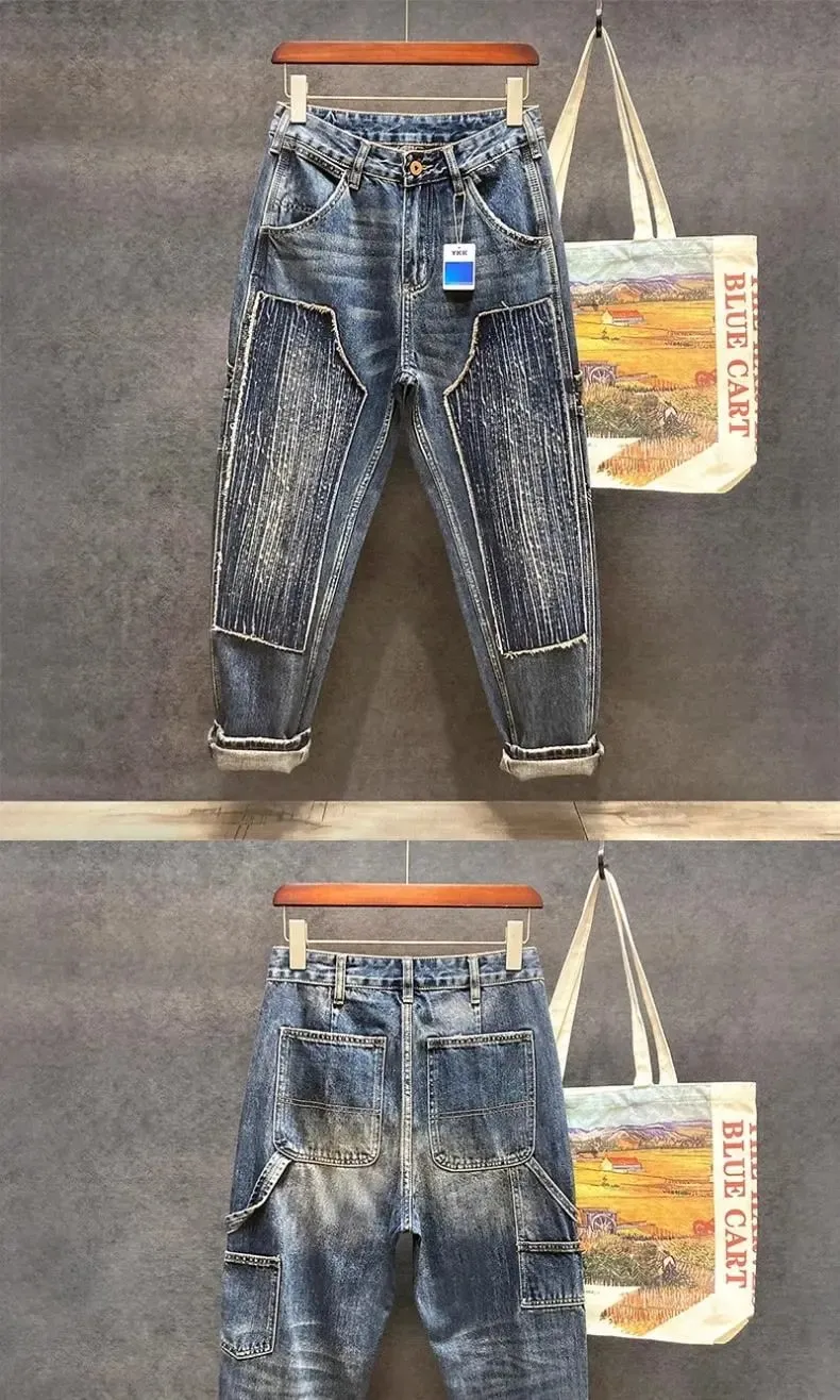 Original Luxury Brands Clothing Punk Handsome Design Trendy Brand Pants Men's Loose Straight Sticker Splicing Logging Work Jeans — image 8