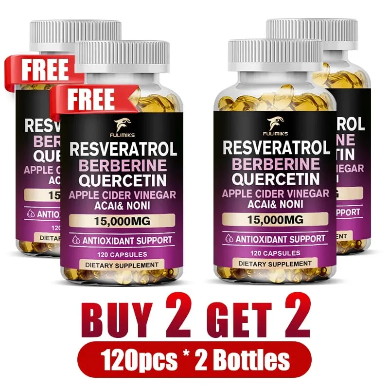 Buy 2 Get 2 Free! Resveratrol Berberine Quercetin Capsules Triple-Action Formula for Blood Sugar Heart Health & Anti-Aging