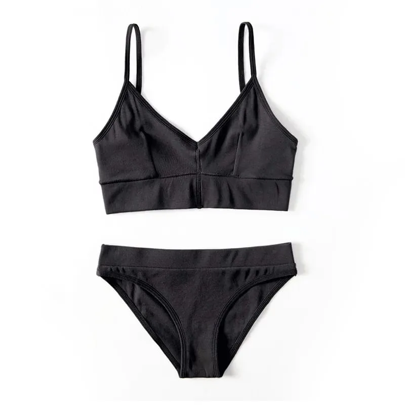 Women Lingerie Set V‑Neck Thin Strap Bra And Briefs Solid Color Soft Stretch Underwear Sleepwear