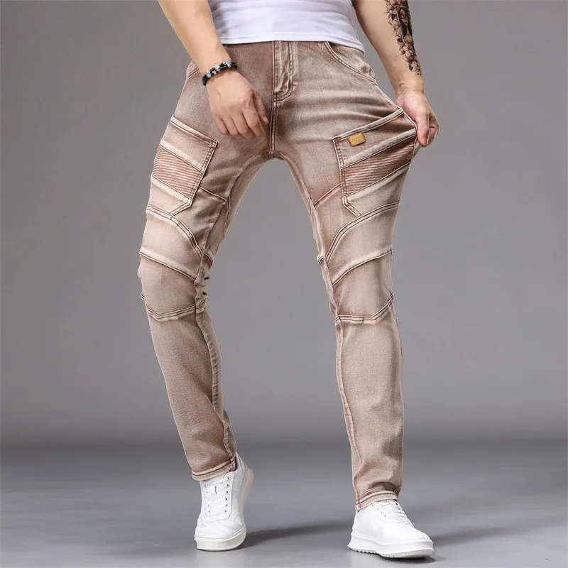 Men's Patchwork Skinny Ripped Jeans Fashion Trousers Elastic Slim Hole Biker Denim Pants Hip-hop Rock American Streetwear