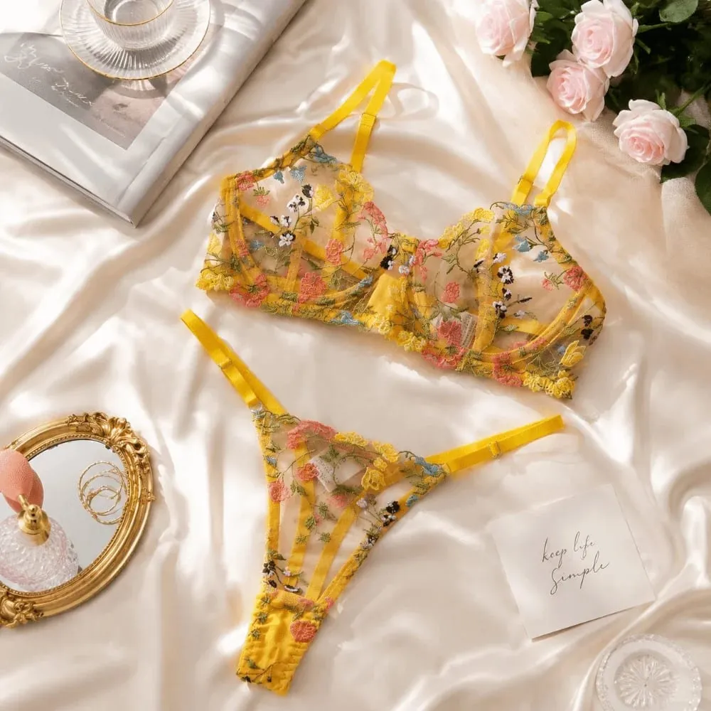 Bohemia Transparent Lingerie Set Push Up Elegant Embroidery Floral Underwear Ultra-thin Panties Bra Set Honeymoon — image 2