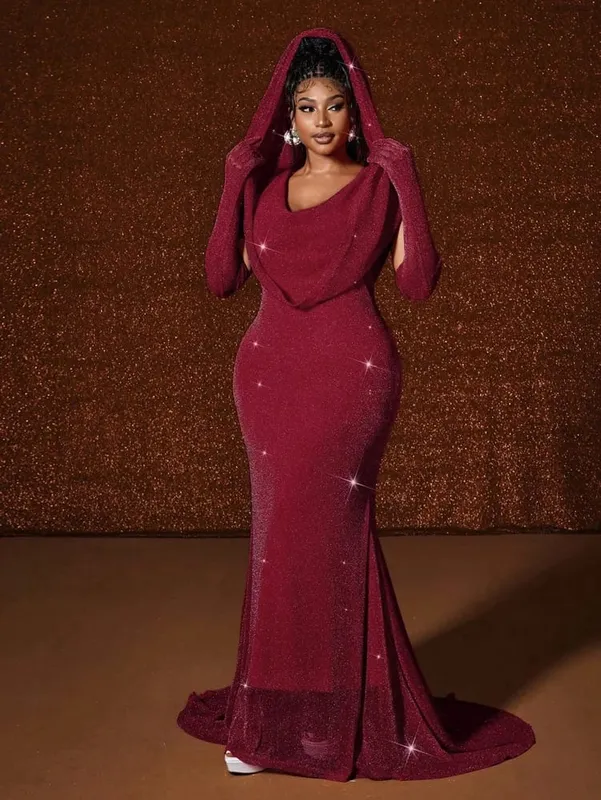 Plus size chapéu sexy cintura quente ouro peixe cauda balanço longo cor sólida fishtail pacote fino hip vestido com capuz