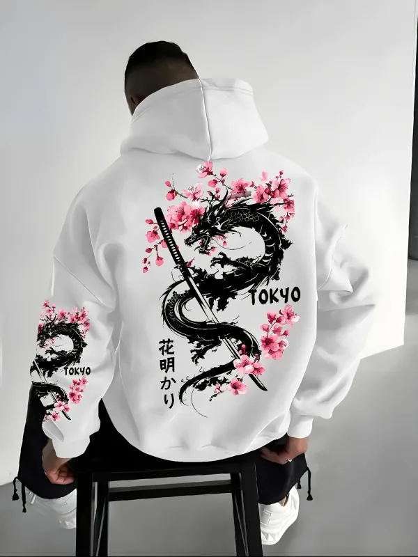 Bagong Men's Anime Dragon Cherry Blossom Printed Hooded Sweatshirt Winter Fleece Warm Casual Street Comfort Inspired Design Hoodie — image 5