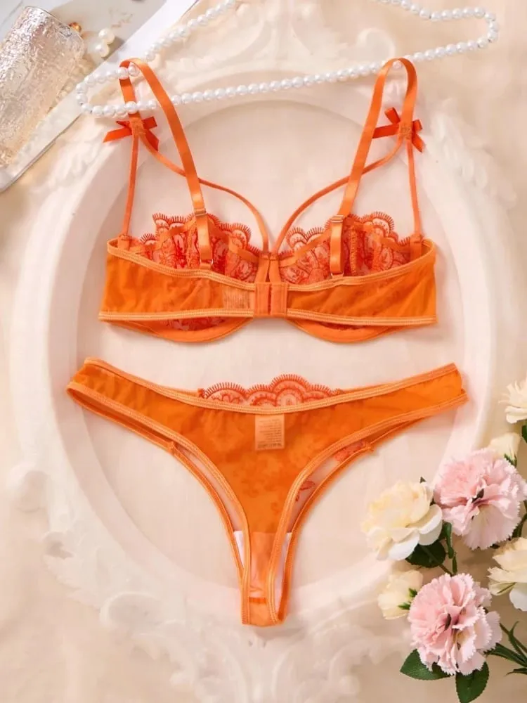 Sexig Orange Spets Underkläder Set Kvinnor Push Up BH och Trosa Set Butterfly Rosett Underkläder Kvinnliga Intimates Sovkläder — image 4