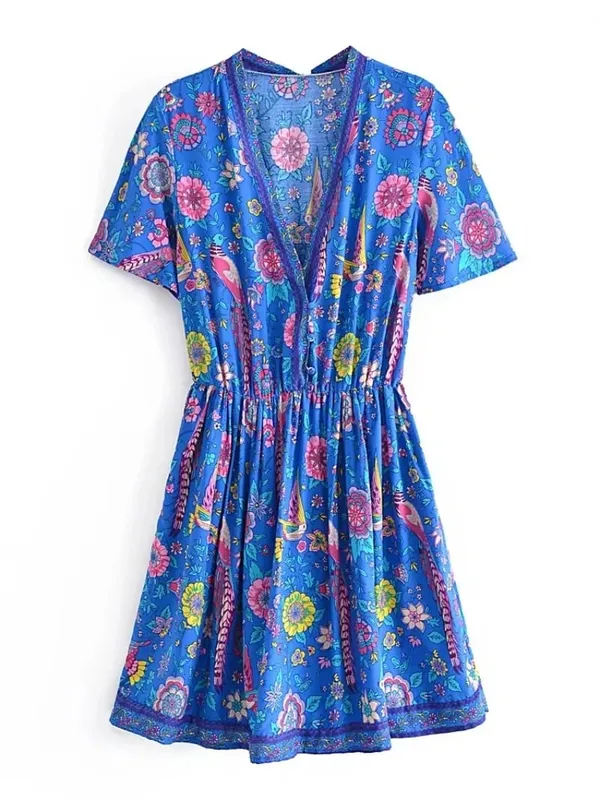 Vintage Chic Dam Peacock Blommönster Djup V-ringad Bohemian Mini Klänningar Dam Kortärmad Happie Beach Boho Klänning Vestidos — image 8