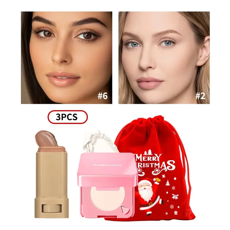 3Pcs Foundation Stick Face Pressed Powder Compact with Christmas Drawstring Bag Long Lasting Matte Face Cosmetic Christmas Gift — image 12