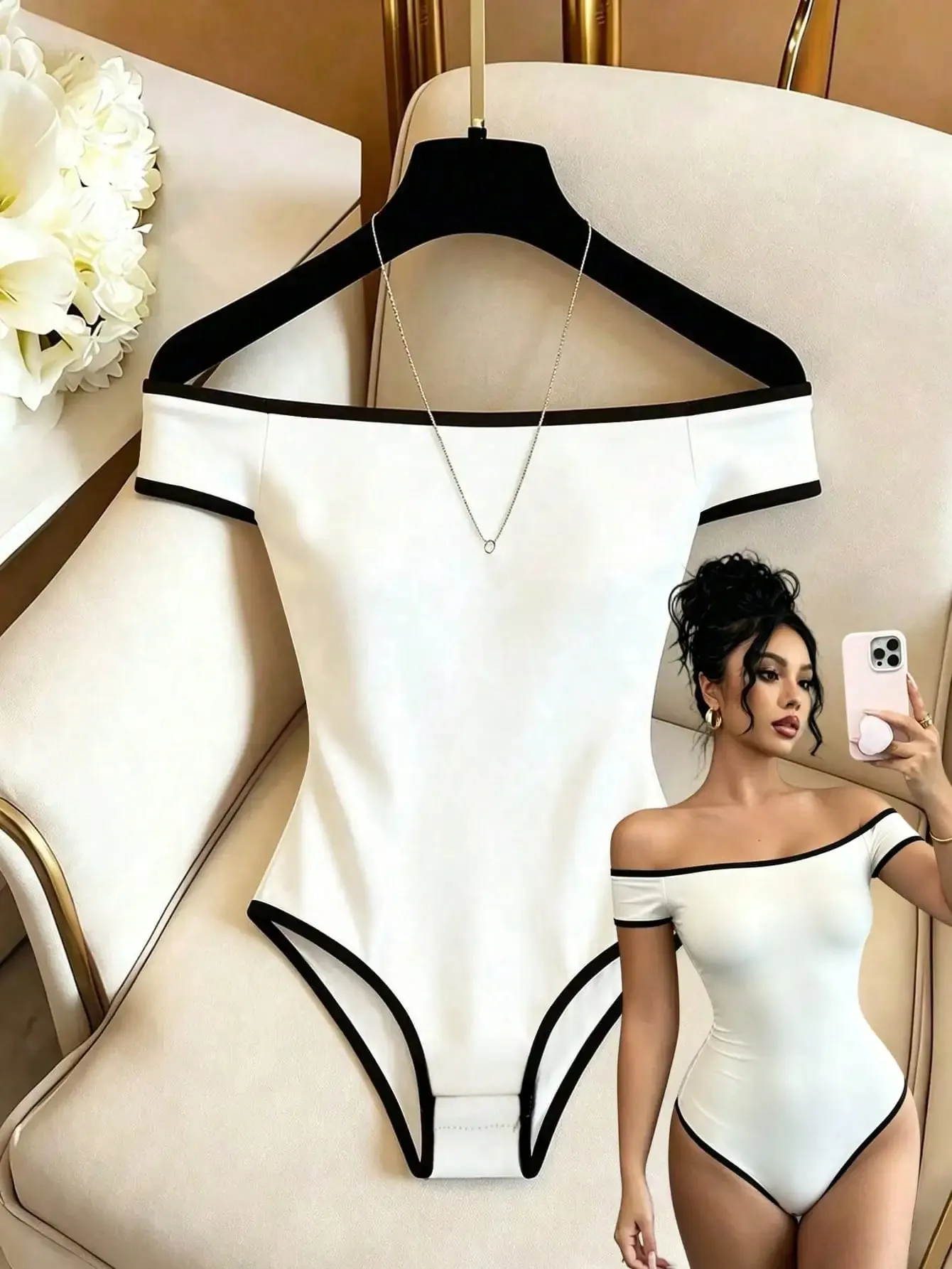Women's Fitted Off-Shoulder Cami Bodysuit All-Season Y2K One-Shoulder. Body-Hugging Elegant Versatile for Dates
