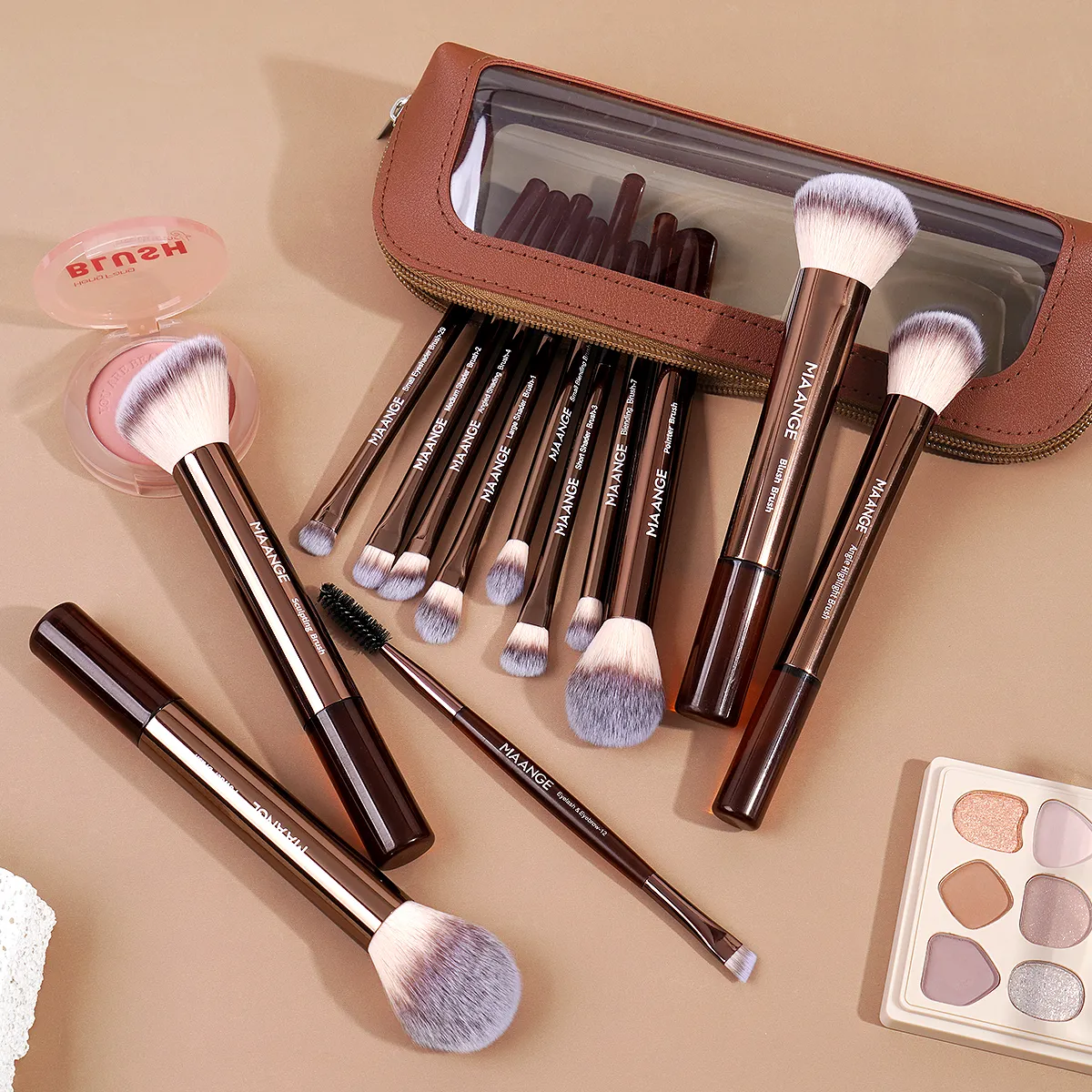 13pcs Classic Makeup Brushes with Storage Bag Soft Foundation Powder Eyeshadow Kabuki Blending Makeup Tools Coffee Brown — image 6