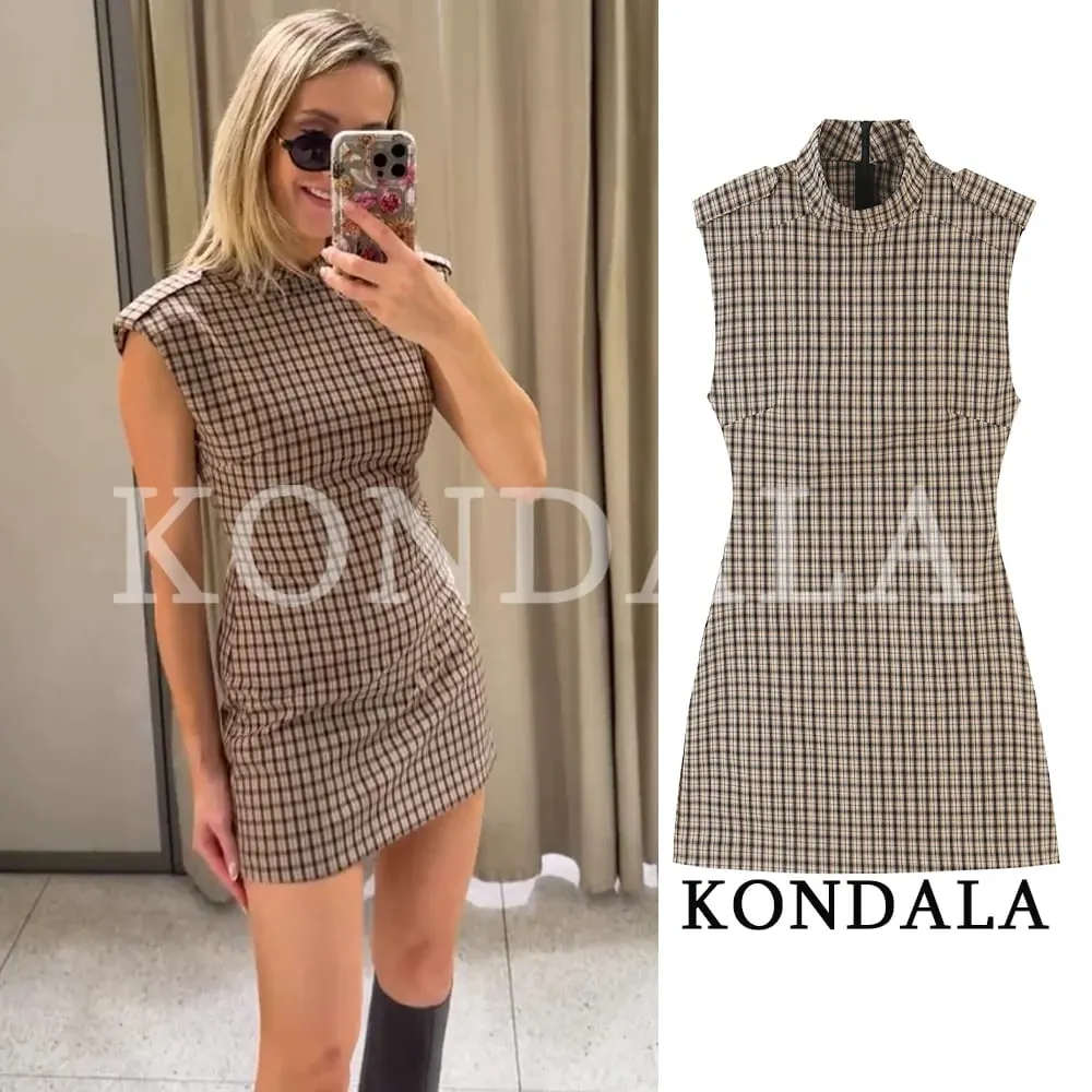 Women Elegant Plaid Jumpsuit Dresses Vintage Chic Slim Sleeveless Mini Dress New 2026 Autumn Trendy Casual Classic Dress — image 1