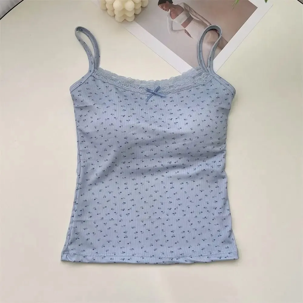 Sweet Floral Tops Lace Flower Print Camis Elegant Y2K Short Tank Tops Slim One Size Sexy Vest Lady — image 11