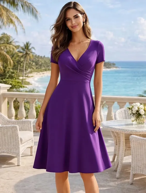 Pambabaeng Elegant Round Neck Summer Short Sleeve Solid A-Line Hanggang Tuhod na Dress High Waist Swagger Party na Kaswal na Pag-alis ng Kasal — image 8