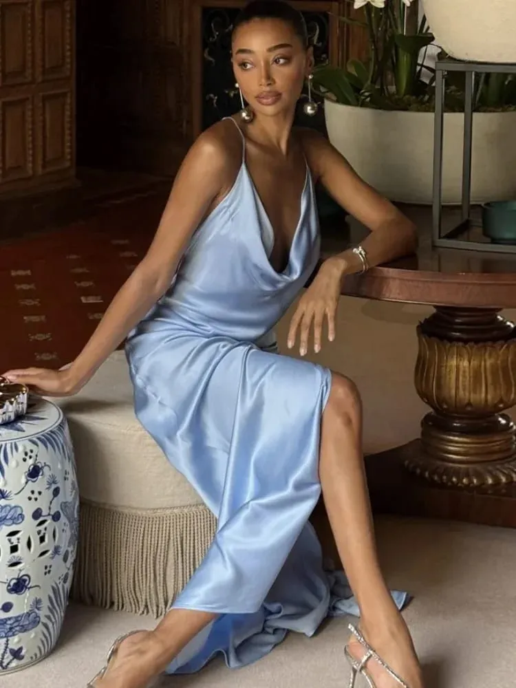 Solid Thin Spaghetti Strap Cowl Neck Slip Long Dress Women Sleeveless High Slit Slim Fitted Evening Gowns Elegant Party Outfit — image 7