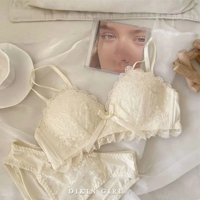 Conjunto de sutiã bordado de renda sexy com peito pequeno reunido para coleção acessório seios sem jantes de aço conjunto de roupa interior