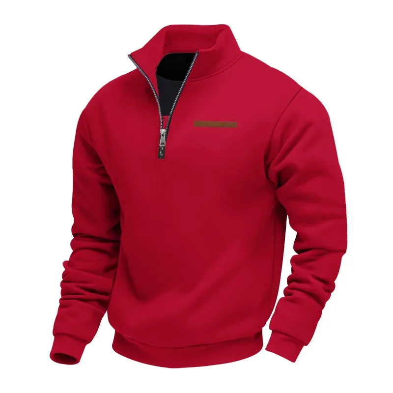 Moletom masculino com zíper com gola alta, pulôver casual de lã quente com listras decorativas no peito — image 8