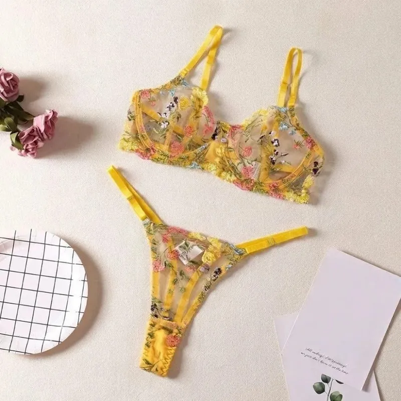 2-Piece Fashion Floral Lingerie Set Embroidery Versatile Underwear Intimates Sheer Underwire Push-up Bra Panty Set For Lady Girl
