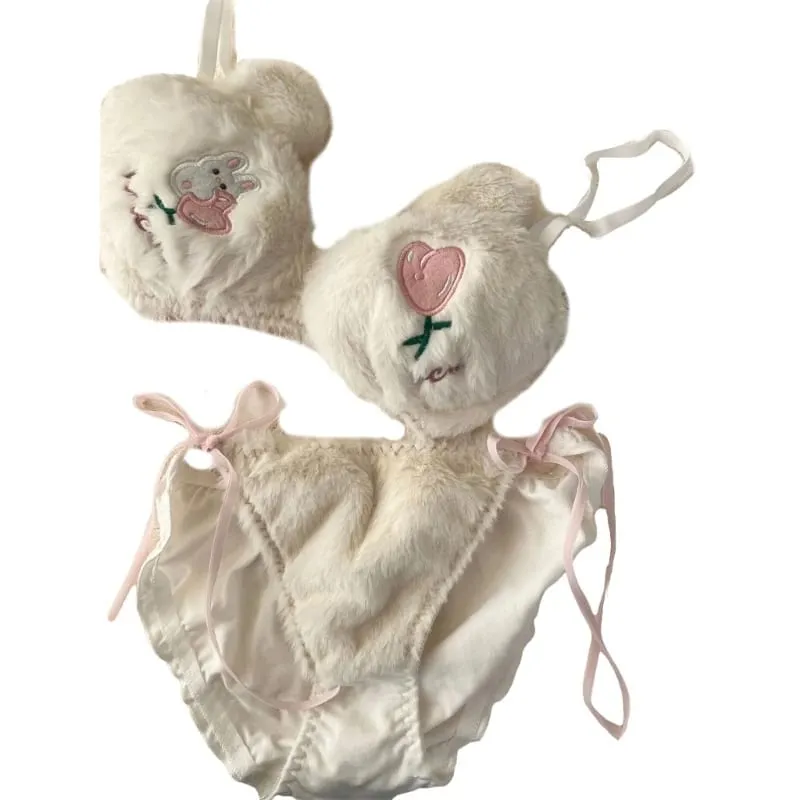 Conjunto de calcinha e sutiã de pelúcia peludo feminino, estampa de panda de desenhos animados, lingerie de inverno, menina escolar, anime japonês, roupa íntima cosplay — image 15