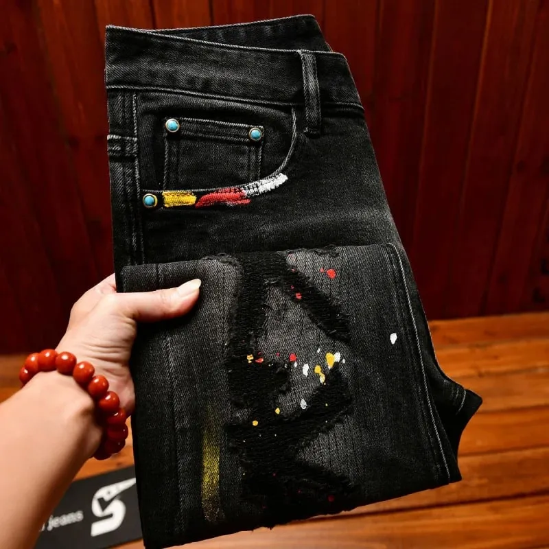 High-End Vintage Ripped Jeans for Men Slim Fit Trendy Paint Print 2025 Autumn and winter casual trendy long pants — image 6