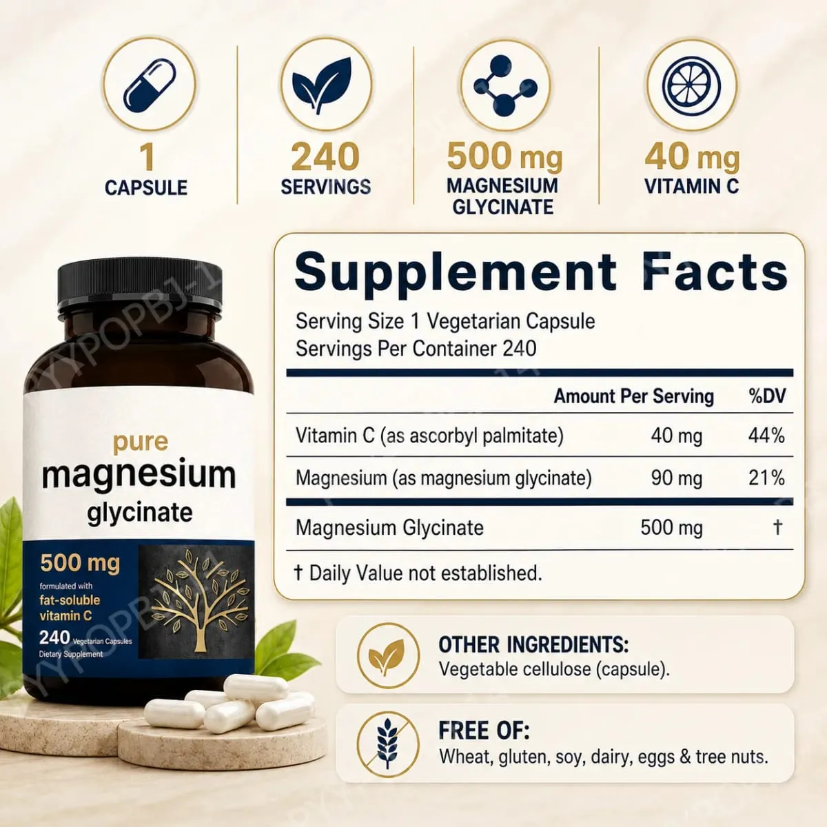 Pure Magnesium Glycinate 500mg Capsules with Vitamin C Supports Relaxation Muscle Nerve Health Bone Support 240 Capsules — image 3