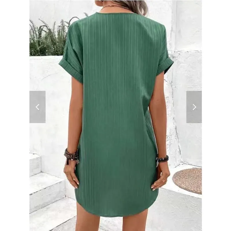 Women's Summer Solid Color Simple Short-Sleeve V-Neck Shirt Dress Comfortable Casual Elegant Loose-Fit Dress with Button Desig — image 3