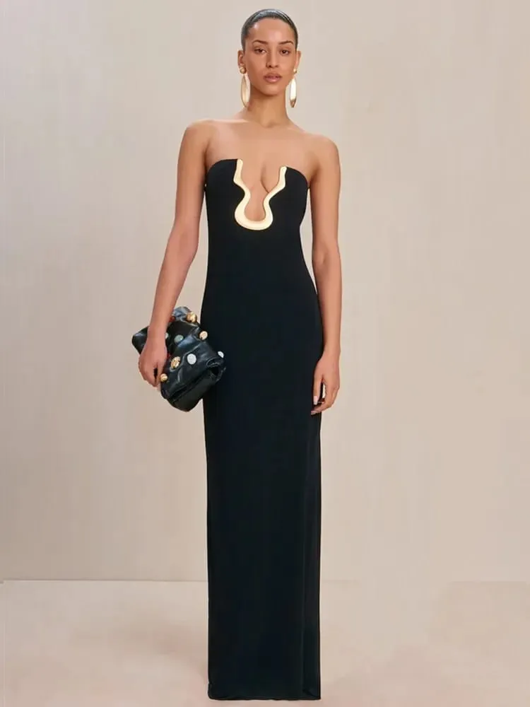 2025 mulheres celebridade sexy sem alças sem costas preto maxi longo bodycon bandage vestido elegante noite clube festa outfit — image 2