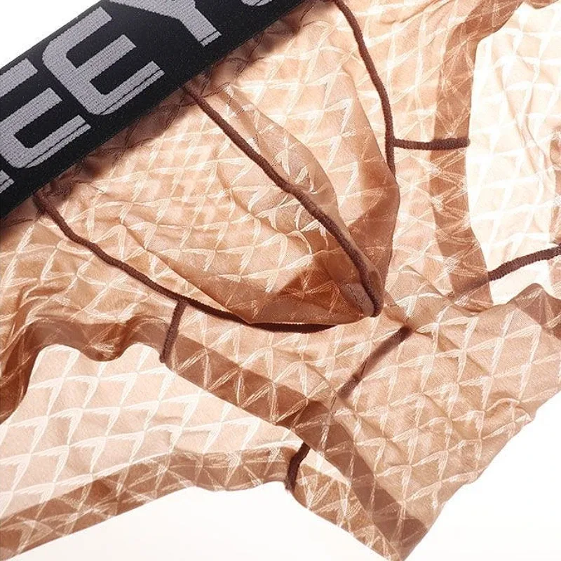 Sexy roupa interior masculina de seda gelo losango ultra-fino transparente macio homem briefs hip levantamento respirável elástico calcinha masculina cintura baixa — image 2