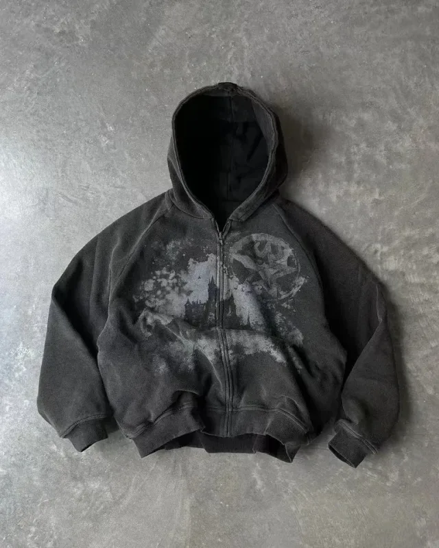 Mens Zip Up Hoodie Azul Escuro Asas Imprimir Gráfico Exclusivo Y2K Streetwear Americano Urbano Pulôver Roupas Juvenis Moletom Com Capuz
