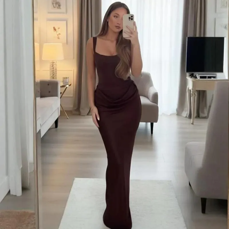Typhaland スリムプリーツマキシドレス女性のためのノースリーブセクシーなプランジイブニングパーティードレス夏 2026 ファッション固体女性服