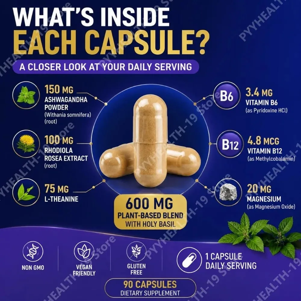 Lenm Cortisol Cápsulas de Suporte à Saúde Ashwagandha Rhodiola Holy Basil L-Theanine Para Equilíbrio do Estresse e Relaxamento Adulto 90 Contagem — image 6
