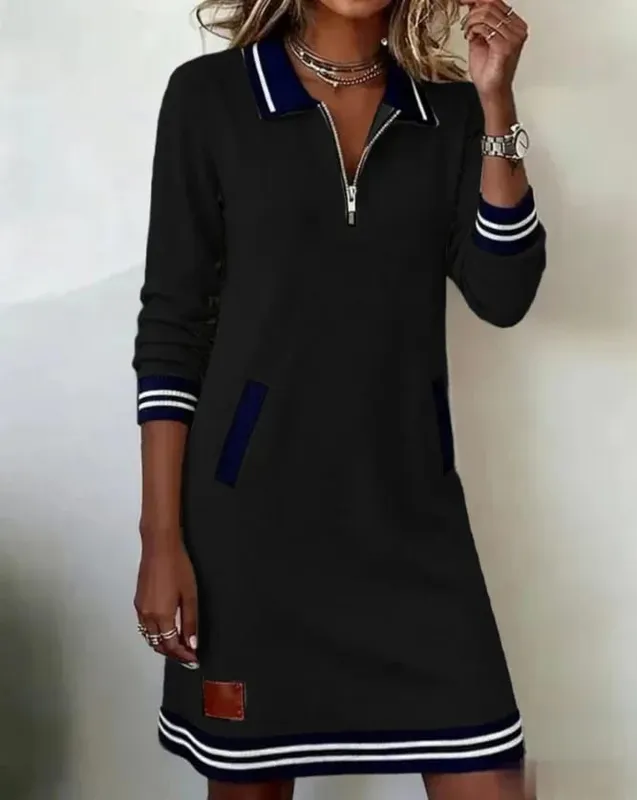 Autumn Winter Fashionable Versatile Women's Dress Casual Contrasting Color Splicing Lapel Long-sleeved Loose Dress With Pockets — image 10