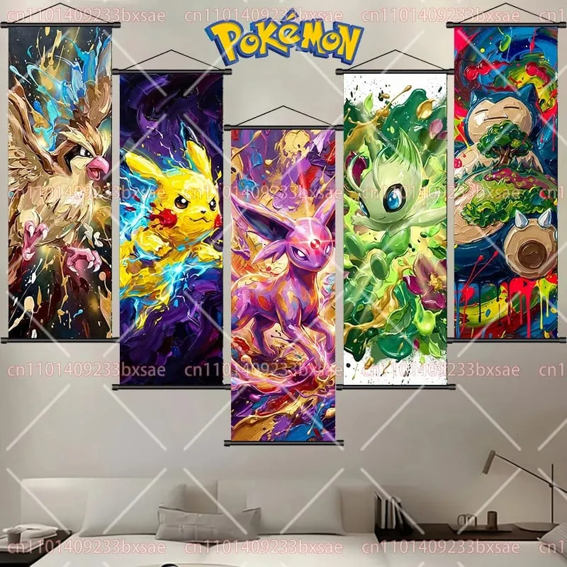 Pokémon Anime HD Scroll Painting Eevee Pikachu Suicune Charizard Mewtwo Background Wall Art Decoration Poster Children's Gift