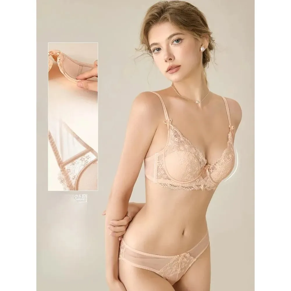Ladies Pink Lace Lingerie Set Full‑Coverage Thin Minimizer Bra Push Up Anti‑Sag Support Underwear For Big Bust Daily Soft Outfit — image 4