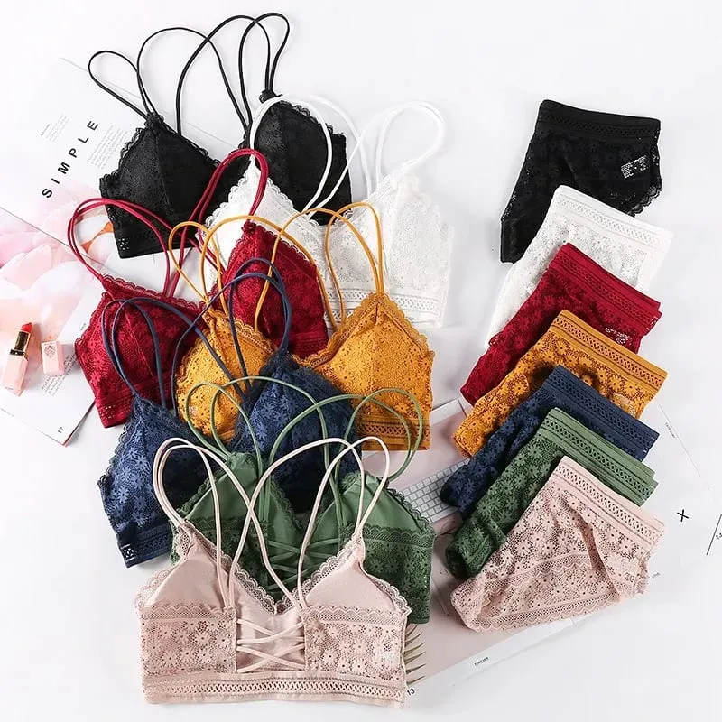 Women's Lace Lingerie Set Cross Shoulder Strap Without Steel Ring Bra Comfortable Support Underwear With Gathering Design — image 2