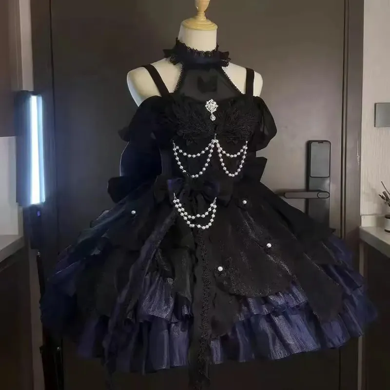 Gotisk Röd Lolita JSK Klänning Dam Spaghetti Band Volang Tyll Kjol Kedja Rosett Dekor Hög Låg Fåll Vintage Princess Festklänning — image 11