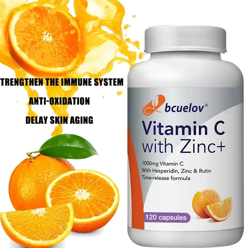 Organic Vitamin C + Zinc Capsules High Absorption Immune Support Antioxidant Collagen Health Supplement - 30/60/120 Counts