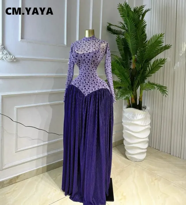 CM.YAYA Women V-neck Long Sleeve Big Swing Striped Print Long Dress 2026 Sexy Parties Evening Vacation Long Dresses Vestidos