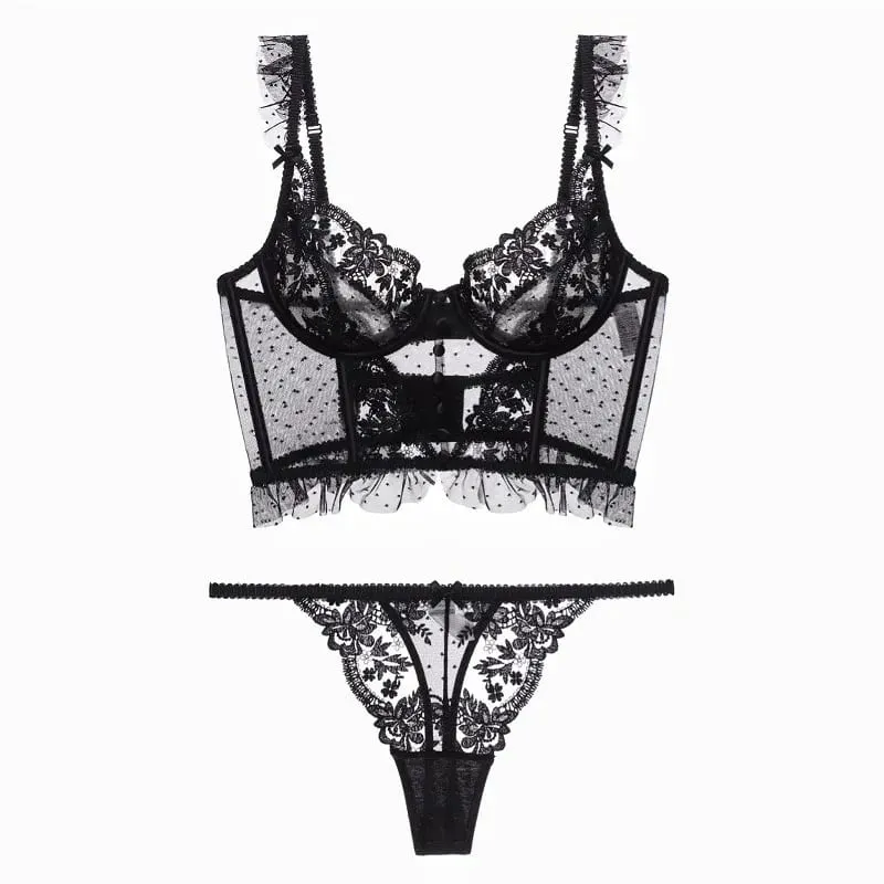  Dentelle Française Ultra Fine Soutien-Gorge Transparent Sans Armatures Guêpière Brodée String Effet Affinant Taille S-XL ABC — image 1