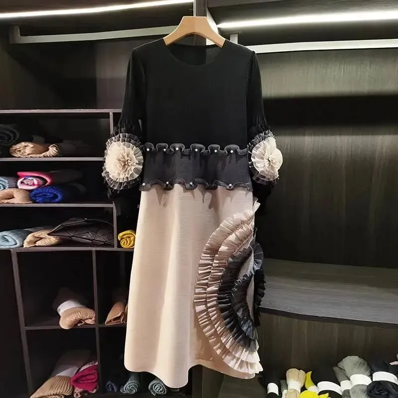 Rakott nyakkendő virág hosszú ujjú női ruha elegáns új bő színes blokk patchwork design gyöngyfűzés női ruházat 2DB6651