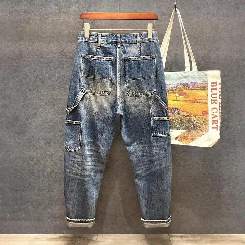 Original Luxury Brands Clothing Punk Handsome Design Trendy Brand Pants Men's Loose Straight Sticker Splicing Logging Work Jeans — image 5