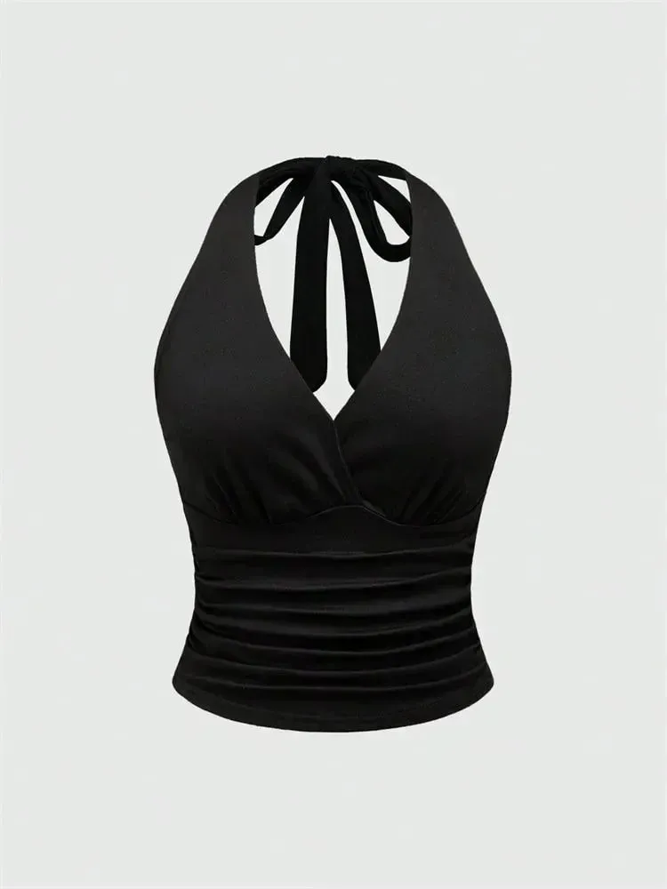 Top corto liso con cuello en V y espalda descubierta para mujer, Top corto con cuello Halter, Sexy Y2K, sin mangas, parte de arriba ropa informal fruncida — image 2