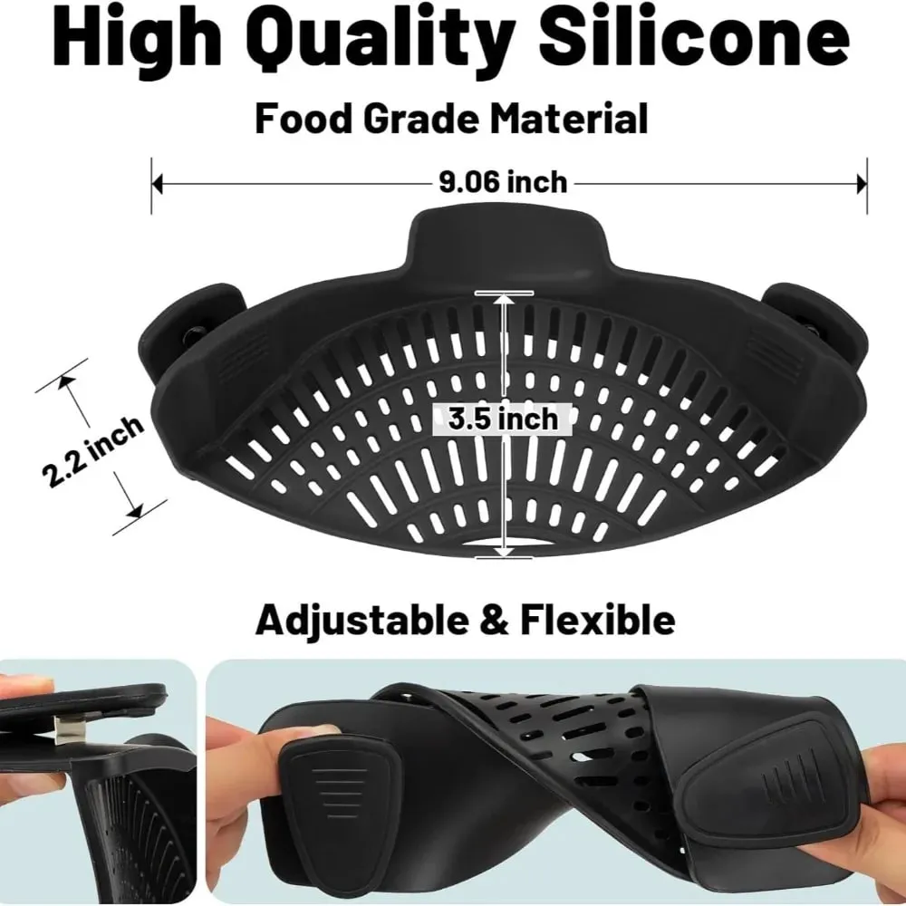 Heat-Resistant Silicone Clip-On Strainer for Pots/Pans - Collapsible Drain Colander for Pasta Veggies Fruits - Kitchen Tool