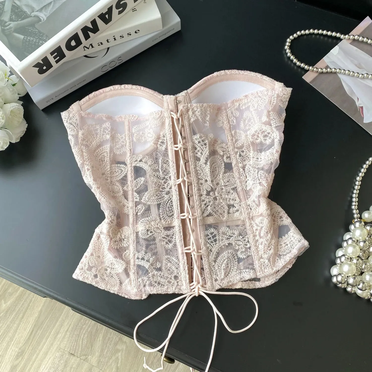 Floral Embroidery Sexy Club Top Female Strapless Slim Corset Backless Tank Top French Lace Up Basics Sheer Camisole
