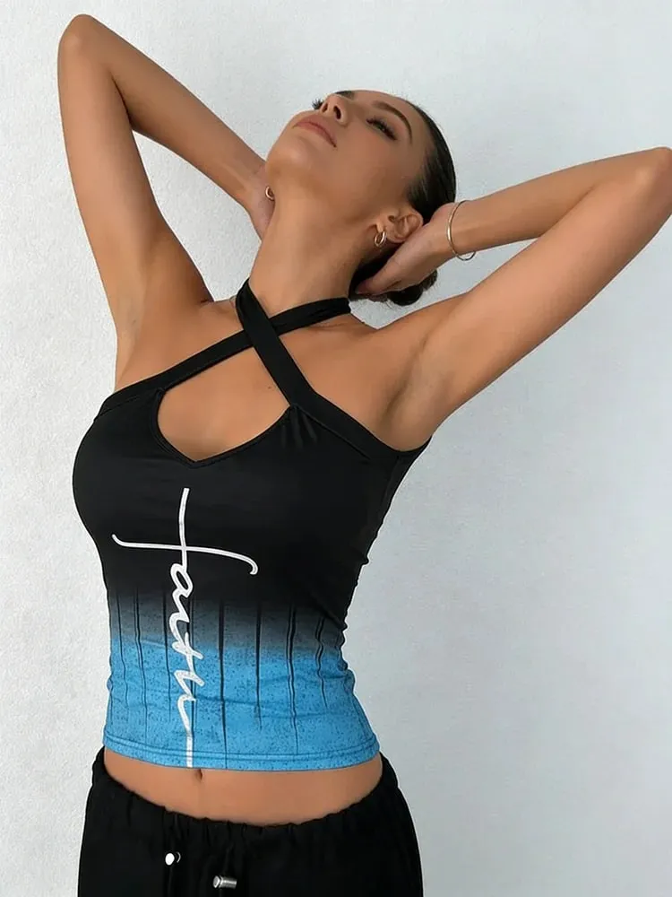 Women's Tank Top Spring Summer Black Blue Gradient Halter Cross V Neck Cutout Handwritten Letter Slim Cropped Chic Daily Casual — image 6
