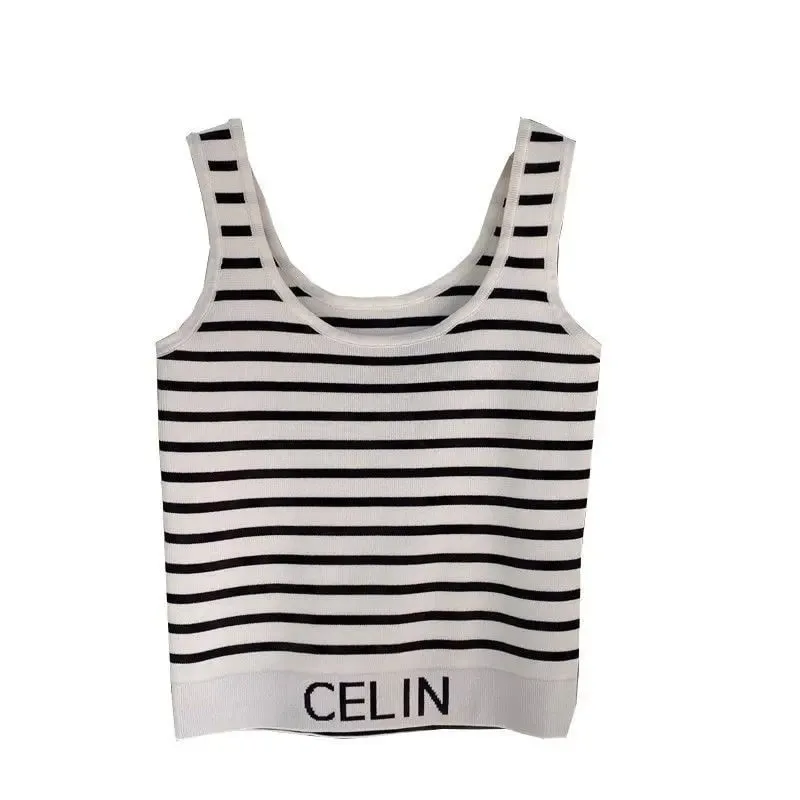 Spring and Summer New Korean-style Hem Letter Stripes Slimming Knitted Halter Top Versatile Slimming Solid Color Vest for Women — image 6