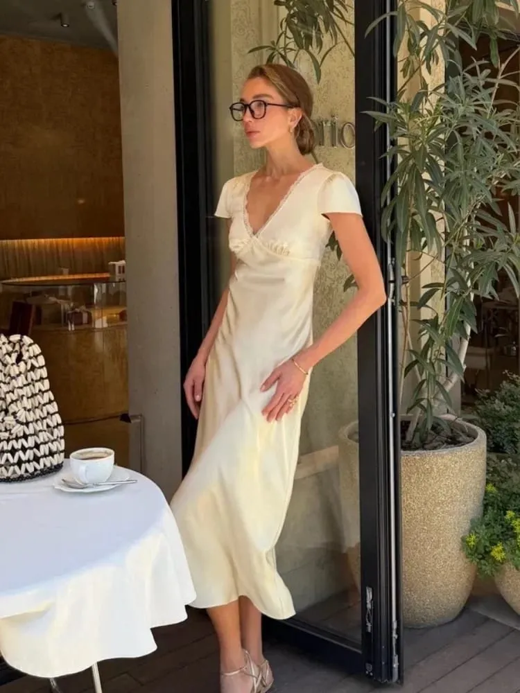 Chic Satin Lace Trim Midi Dress For Women Solid Patchwork Short Sleeve V-neck Summer Dresses 2026 Elegant Summer Holiday Gown — image 1