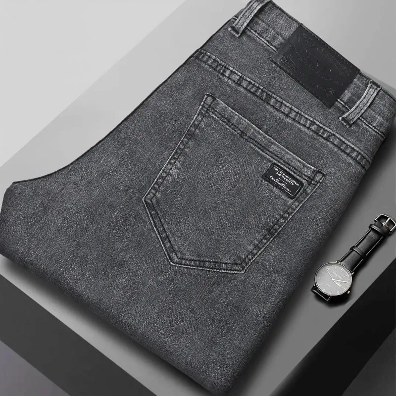 Men's Slim Jeans Korean Fashion Elastic Straight Casual Denim Pants Comfortable Work Male Spring Autumn Trousers Black Gray — image 9