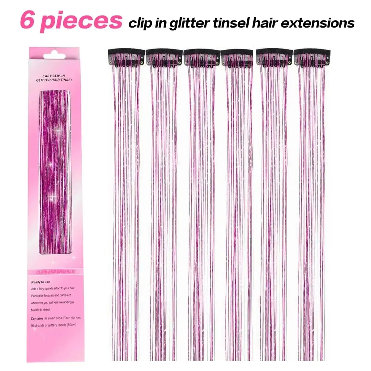 6Pcs Hair Tinsel Clip in Hair Extensions 20 Inch Synthetic Colorful Shiny Sparkle Glitter Tinsel Hair for Women Girls Cosplay — image 3