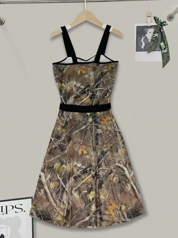 Womens Camo Print Spaghetti Strap Mini Dress Sweetheart Neck Bowknot Waist A Line Summer Party Dress — image 3